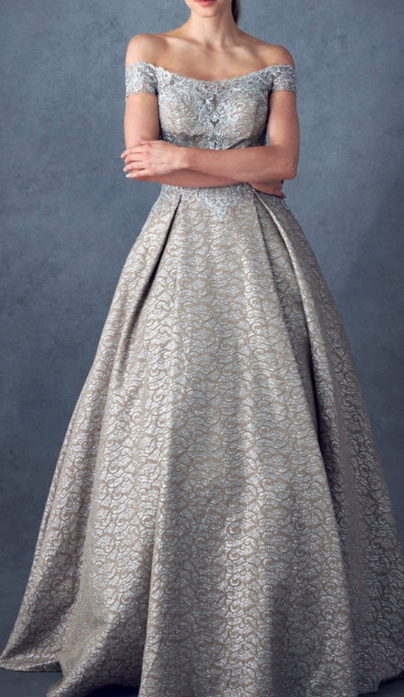 COPY - Silver/nude off shoulder formal evening mother of the bride dress